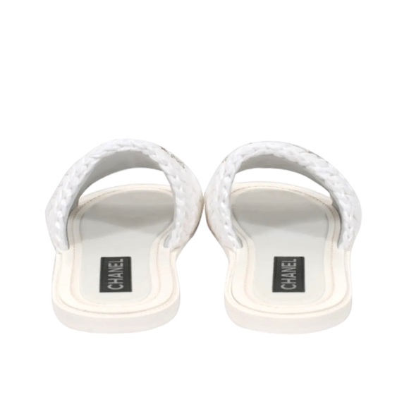 🆕 Chanel Logo Sandals White Raffia Crystal Strass Flats Flip Flop mules - Picture 4 of 11